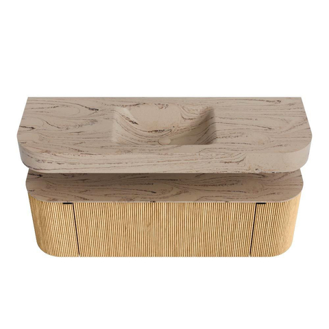 MONDIAZ THOR-DLUX 140cm badmeubel ronding links + rechts kleur Oak met 1 lade en 2 deuren. Vrijhangende wastafel CLOUD Midden zonder kraangat kleur Arena. SW1464343