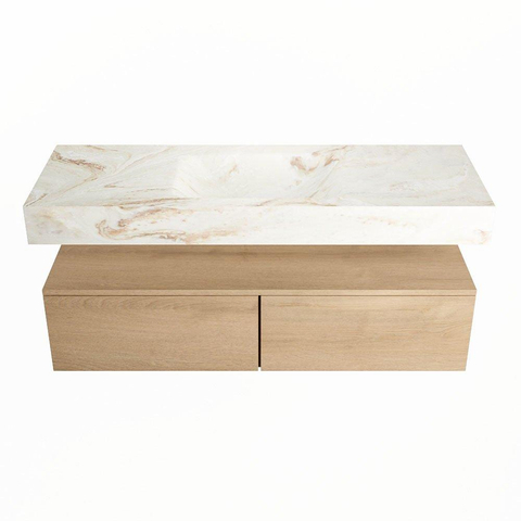 Mondiaz ALAN-DLUX Ensemble de meuble - 130cm - meuble Washed Oak mat - 2 tiroirs - Lavabo Cloud Frappe suspendu - vasque Centre - 1 trou de robinet SW808854