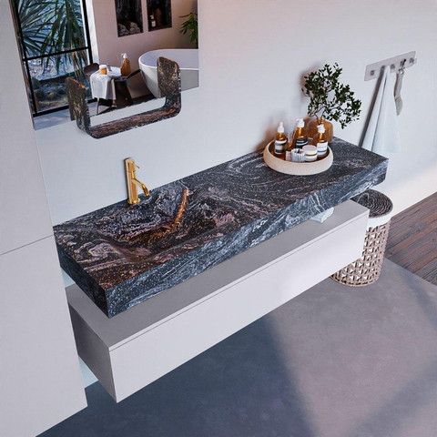 Mondiaz ALAN-DLUX Ensemble de meuble - 150cm - meuble Cale mat - 1 tiroir - Lavabo Cloud Lava suspendu - vasque Gauche - 1 trou de robinet SW808225