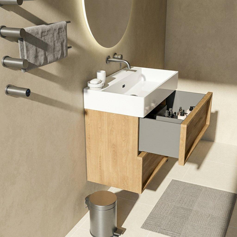 Saniclass Holz Frame Badkamermeubelset - 80x45x72cm - Legend keramische wastafel mat wit - 1 wasbak - zonder kraangat - 2 lades - mat eiken natural (hout) SW1580069