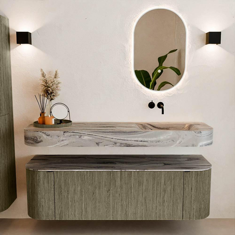MONDIAZ THOR-DLUX 150cm meuble de salle de bains arrondi gauche + droite couleur Shadow avec 1 tiroir et 2 portes. Vasque suspendue CLOUD droite sans trou de robinet couleur Sombra. SW1467677