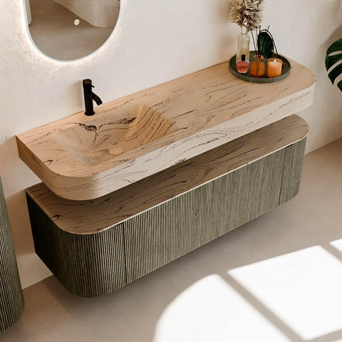 MONDIAZ THOR-DLUX 150cm meuble de salle de bains arrondi gauche + droite couleur Shadow avec 1 tiroir et 2 portes. Vasque suspendue CLOUD Gauche 1 trou de robinet couleur Arena. SW1464757