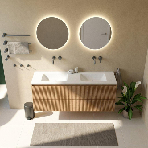 Saniclass Holz Atelier Badkamermeubelset - 160x45x77.5cm - Torino solid surface wastafel wit - zonder kraangat - 4 lades - mat eiken natural (hout) SW1478684