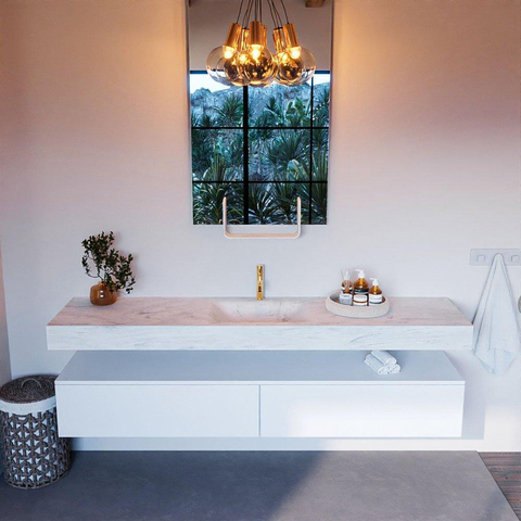 Mondiaz ALAN-DLUX Ensemble de meuble - 200cm - meuble Talc mat - 2 tiroirs - Lavabo Cloud Opalo suspendu - vasque Centre - 1 trou de robinet SW806526