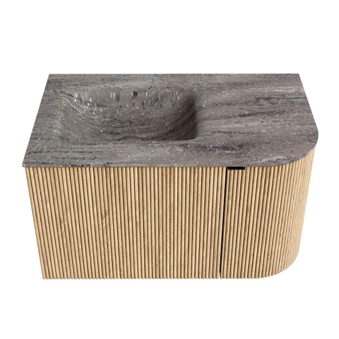 MONDIAZ KURVE-DLUX 75cm badmeubel ronding Rechts kleur Oak met 1 lade en 1 deur. Wastafel GRUNNE Links zonder kraangat Oza. SW1432603