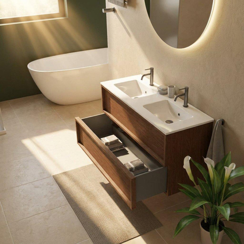 Saniclass Holz Frame Ensemble meuble de salle de bains - 120x45x62cm - Lavabo en céramique Vygo blanc - 2 vasques - 2 trous de robinetterie - 2 tiroirs - walnut pure mat (bois) SW1579940