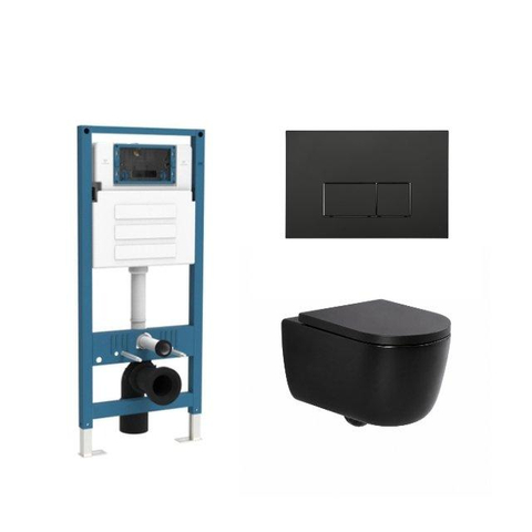 QeramiQ Dely Swirl Ensemble de WC - réservoir encastré Qeramiq Flush - abattant 35mm - plaque de commande noire mate en plastique - boutons rectangulaires - noir mat SW1578281