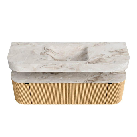 MONDIAZ THOR-DLUX 150cm meuble de salle de bains arrondi gauche + droite couleur Oak avec 1 tiroir et 2 portes. Vasque suspendue CLOUD Milieu sans trou de robinet couleur Frappe. SW1412302