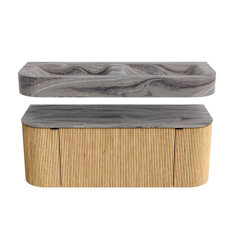 MONDIAZ THOR-DLUX Meuble de salle de bains 120cm arrondi gauche + droite couleur Oak avec 1 tiroir et 2 portes. Vasque suspendue CLOUD Double sans trou de robinet couleur Sombra. SW1463660