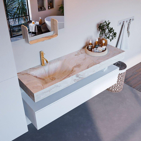 Mondiaz ALAN-DLUX Ensemble de meuble - 150cm - meuble Talc mat - 1 tiroir - Lavabo Cloud Frappe suspendu - vasque Gauche - 1 trou de robinet SW804673