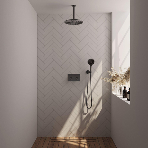BRAUER gunmetal Edition Douche de pluie thermostatique encastrée - boutons-poussoirs - SET 60 - tête de douche 30 cm - bras de plafond - douchette 3 jets - flexible de douche - coude de raccordement mural - gunmetal brossé PVD SW925726