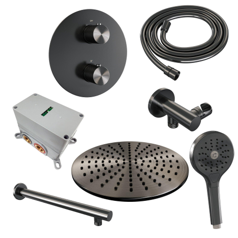 BRAUER Gunmetal Carving douche de pluie encastrée thermostatique - 3 voies - rond - set 80 - pomme de douche 30cm - bras mural droit - douchette 3 jets - flexible de douche - coude d'alimentation mural - gunmetal brossé PVD SW1159145