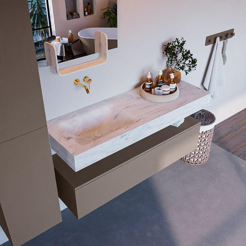Mondiaz ALAN-DLUX Ensemble de meuble - 130cm - meuble Smoke mat - 1 tiroir - Lavabo Cloud Opalo suspendu - vasque Gauche - 0 trous de robinet SW806540