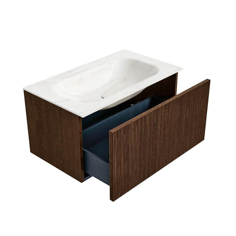 MONDIAZ KURVE-DLUX Meuble de salle de bains 80cm couleur Walnut avec 1 tiroir. Lavabo BIG SMALL central 1 trou de robinet couleur Ostra. SW1137850