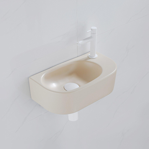 QeramiQ Fuente pack lave-mains – demi-rond – 40 x 21,5 x 12 cm – céramique beige – perçage à droite – robinet blanc mat SW1232807
