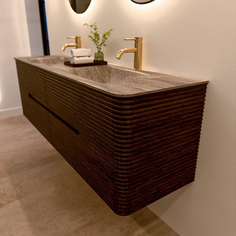 Mondiaz CIRO-DLUX Badkamermeubelset - 160x45x50cm - Solid surface wastafel Oza - 2 wasbak Dubbel - 2 kraangaten - 4 lades - Walnut SW1530627