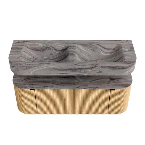 MONDIAZ THOR-DLUX 130cm badmeubel ronding links + rechts kleur Oak met 1 lade en 2 deuren. Vrijhangende wastafel CLOUD Dubbel zonder kraangat kleur Sombra. SW1464107