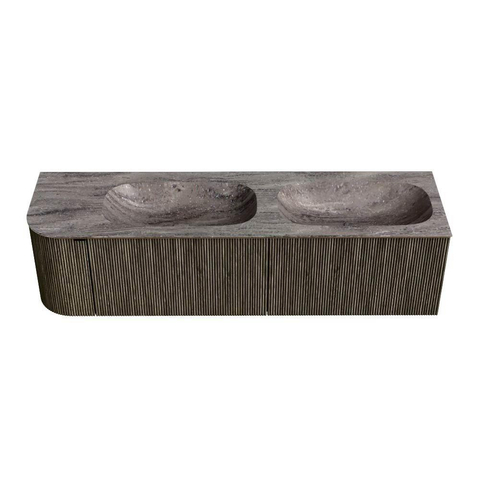 MONDIAZ KURVE-DLUX Meuble de salle de bains 165cm arrondi à gauche couleur Shadow avec 2 tiroirs et 1 porte. Lavabo STOR SMALL Double / à droite sans trou de robinet Oza. SW1432927