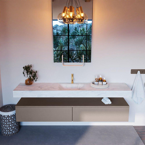 Mondiaz ALAN-DLUX Ensemble de meuble - 200cm - meuble Smoke mat - 2 tiroirs - Lavabo Cloud Opalo suspendu - vasque Centre - 1 trou de robinet SW806433