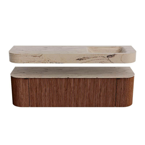 MONDIAZ THOR-DLUX 160cm meuble de salle de bains arrondi gauche + droite couleur Ruby avec 1 tiroir et 2 portes. Vasque suspendue CLOUD droite sans trou de robinet couleur Arena. SW1465134