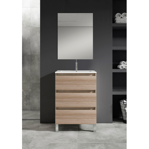 Saniclass Chaci PLUS Badkameronderkast 60x86x46cm 3 lades Geintegreerde greep MFC eiken met wastafel . kraan en waste chroom. SHOWROOMMODEL SHOW26166