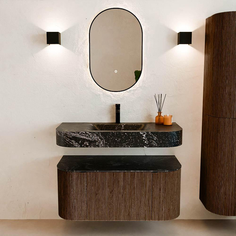 MONDIAZ THOR-DLUX 100cm meuble de salle de bains arrondi gauche + droite couleur Walnut avec 1 tiroir et 2 portes. Vasque suspendue CLOUD Milieu 1 trou de robinet couleur Lava. SW1467373