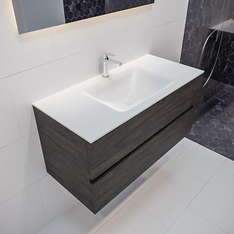 ENSEMBLE DE MEUBLE MONDIAZ VICA - 100cm - 2 tiroirs - lavabo Cloud central - 1 trou de robinet - solid surface marron foncé SW409931