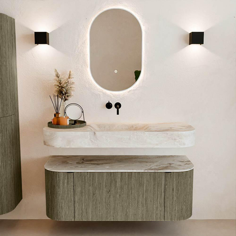 MONDIAZ THOR-DLUX 120cm badmeubel ronding links + rechts kleur Shadow met 1 lade en 2 deuren. Vrijhangende wastafel CLOUD Midden zonder kraangat kleur Frappe. SW1463137