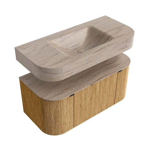 MONDIAZ THOR-DLUX 100cm badmeubel ronding links + rechts kleur Oak met 1 lade en 2 deuren. Vrijhangende wastafel CLOUD Midden 1 kraangat kleur Saba. SW1467554