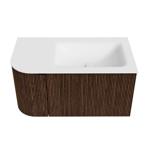 MONDIAZ KURVE Meuble de salle de bains 85 cm avec module 25 L couleur Walnut avec 1 tiroir et 1 porte. Lavabo CLOUD à droite 1 trou de robinet Talc. SW1138261