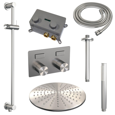 BRAUER Brushed Carving Thermostatische Regendouche inbouw - drukknoppen - SET 66 - 30cm hoofddouche - plafondarm - staaf handdouche - doucheslang - geïntegreerde glijstang - RVS geborsteld PVD SW925465