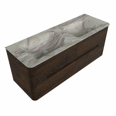 Mondiaz CIRO-DLUX Badkamermeubelset - 130x45x50cm - Solid surface wastafel Glace - 2 wasbak Dubbel - 2 kraangaten - 4 lades - Walnut SW1530305