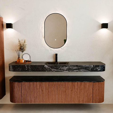 MONDIAZ THOR-DLUX 180cm meuble de salle de bains arrondi gauche + droite couleur Ruby avec 2 tiroirs et 2 portes. Vasque suspendue CLOUD Milieu 1 trou de robinet couleur Lava. SW1466064