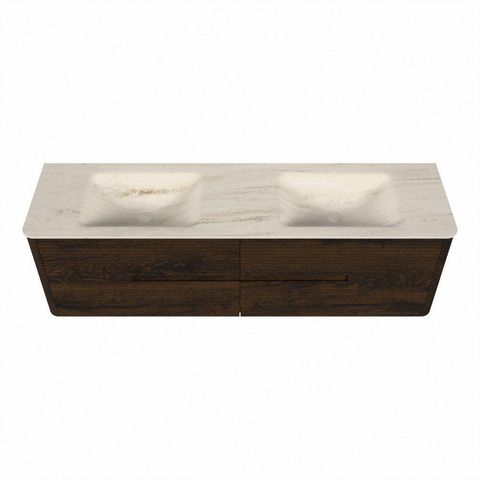 Mondiaz CIRO-DLUX Meuble de salle de bains - 170x45x50cm - Plan vasque solid surface Meli - 2 vasques Double - sans trous de robinetterie - 4 tiroirs - Noyer SW1530548