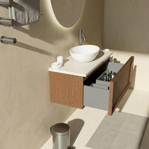 Saniclass Holz Frame Ensemble de meubles de salle de bains - 100x45x43cm - Plan de toilette en pierre naturelle travertin - 1 trou de robinet - 1 tiroir - walnut pure mat (bois) SW1478867