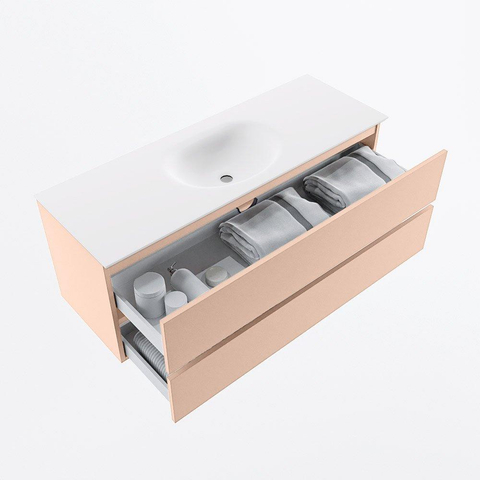 MONDIAZ VICA Ensemble meuble de salle de bains - 130cm - meuble bas rosee - 2 tiroirs - lavabo moon au centre - 1 trou de robinet - version haute 60cm - talc SW1080344