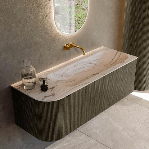 MONDIAZ KURVE-DLUX Meuble de salle de bains 125cm arrondi à gauche couleur Shadow avec 1 tiroir et 1 porte. Lavabo BIG MEDIUM à droite sans trou de robinet Nata. SW1432288