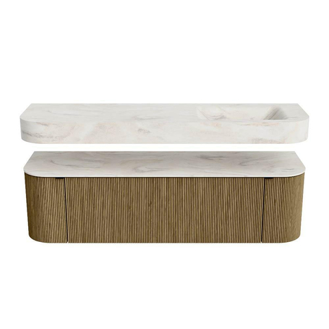 MONDIAZ THOR-DLUX 160cm meuble de salle de bains arrondi gauche + droite couleur Dusk avec 1 tiroir et 2 portes. Vasque suspendue CLOUD Droite 1 trou de robinet couleur Ostra. SW1465226