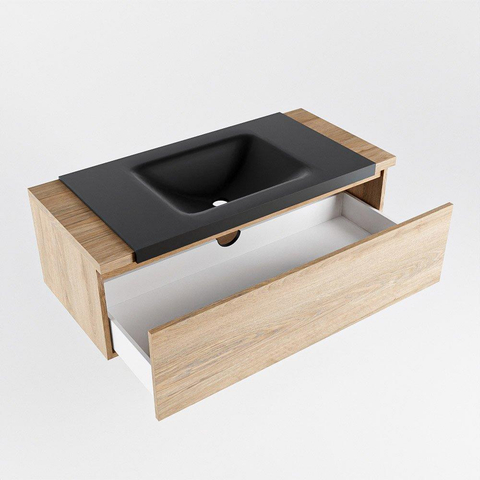 Mondiaz BUKLA Ensemble de meuble - 100x45x34cm - 1 trou de robinet - lavabo centré - solid surface - Urban - sans poignée - 1 tiroir - Mélamine - Chêne blanchi SW704793