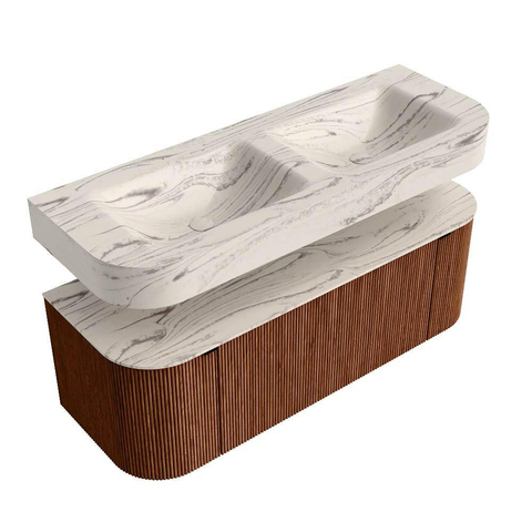 MONDIAZ THOR-DLUX 130cm meuble de salle de bains arrondi gauche + droite couleur Ruby avec 1 tiroir et 2 portes. Vasque suspendue CLOUD Double sans trou de robinet couleur Nata. SW1463876