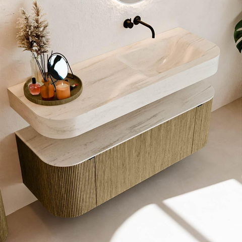 MONDIAZ THOR-DLUX 130cm meuble de salle de bains arrondi gauche + droite couleur Dusk avec 1 tiroir et 2 portes. Vasque suspendue CLOUD Droite sans trou de robinet couleur Meli. SW1463798