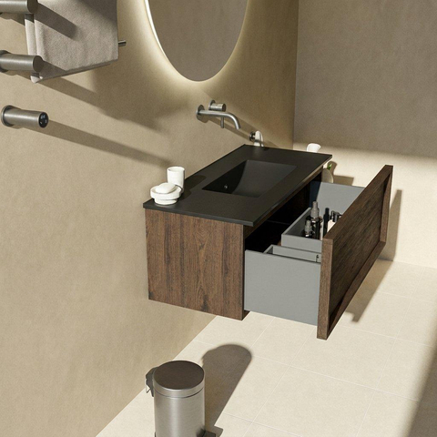 Saniclass Holz Frame Ensemble de meubles de salle de bains - 100x45x42cm - Lavabo Vygo en céramique noir - 1 vasque - sans trou de robinet - 1 tiroir - chêne charcoal mat (bois) SW1478965