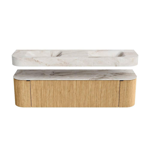 MONDIAZ THOR-DLUX 170cm meuble de salle de bains arrondi gauche + droite couleur Chêne avec 1 tiroir et 2 portes. Vasque suspendue CLOUD Double 2 trous de robinet couleur Frappe. SW1465446