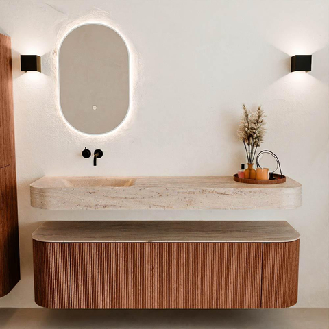 MONDIAZ THOR-DLUX 160cm meuble de salle de bains arrondi gauche + droite couleur Ruby avec 1 tiroir et 2 portes. Vasque suspendue CLOUD Gauche sans trou de robinet couleur Saba. SW1465349