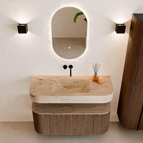 MONDIAZ THOR-DLUX 110cm badmeubel ronding links + rechts kleur Walnut met 1 lade en 2 deuren. Vrijhangende wastafel CLOUD Midden zonder kraangat kleur Arena. SW1462713
