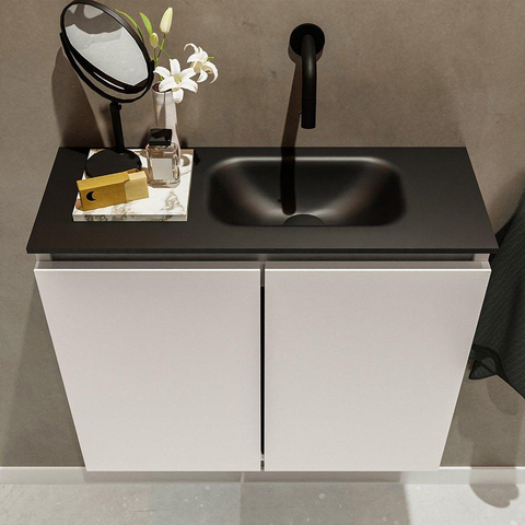 MONDIAZ TURE Fonteinset - 60x23x50cm - 0 kraangaten - 2 deuren - linen mat - Wasbak rechts - Solid Surface Zwart SW475415