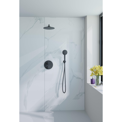 Fortifura Calvi inbouw regendoucheset – Ø25 cm hoofddouche – 35 cm gebogen wandarm – 3-standen ronde handdouche – zwart mat SW1244914