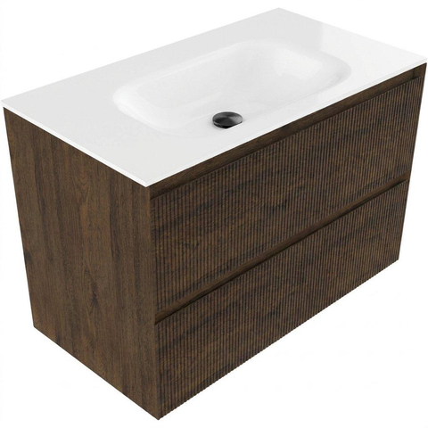 Saniclass Holz Atelier Badkamermeubelset - 80x45x61.5cm - Flow solid surface wastafel wit - 1 wasbak - zonder kraangat - 2 lades - mat eiken charcoal (hout) SW1478376