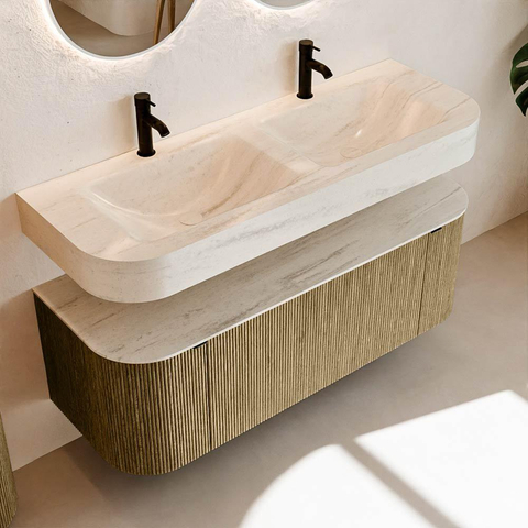 MONDIAZ THOR-DLUX 130cm meuble de salle de bains arrondi gauche + droite couleur Dusk avec 1 tiroir et 2 portes. Vasque suspendue CLOUD Double 2 trous de robinet couleur Meli. SW1463811