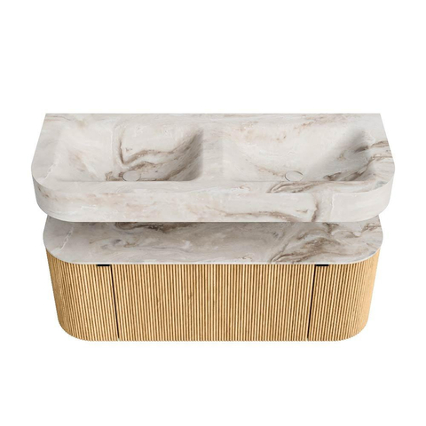 MONDIAZ THOR-DLUX Meuble de salle de bains 120cm arrondi gauche + droite couleur Oak avec 1 tiroir et 2 portes. Vasque suspendue CLOUD Double sans trou de robinet couleur Frappe. SW1463075
